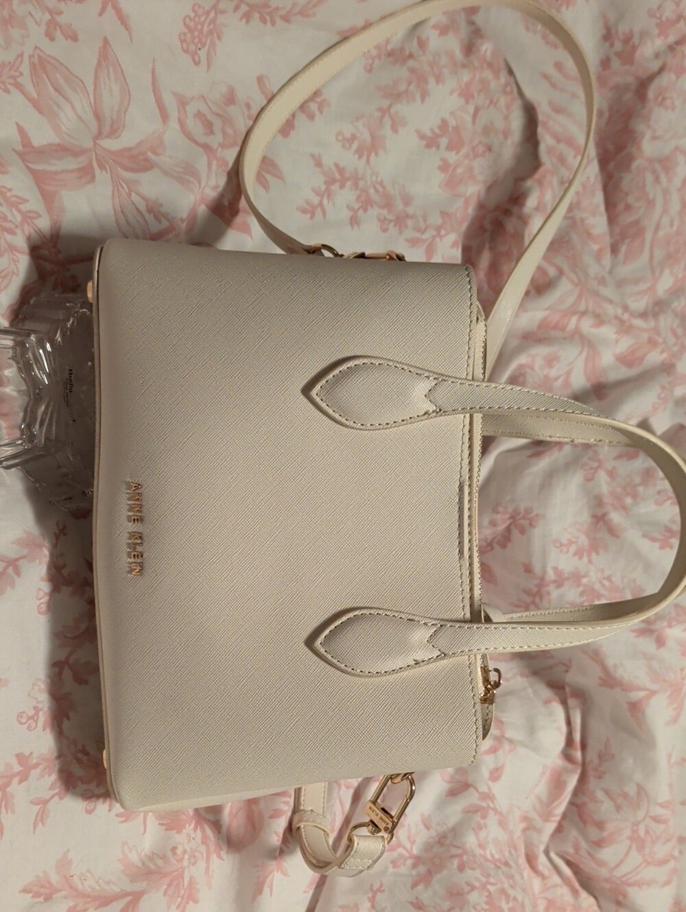 Anne Klein Ivory Saffiano-Textured Satchel Crossbody Gold Hardware